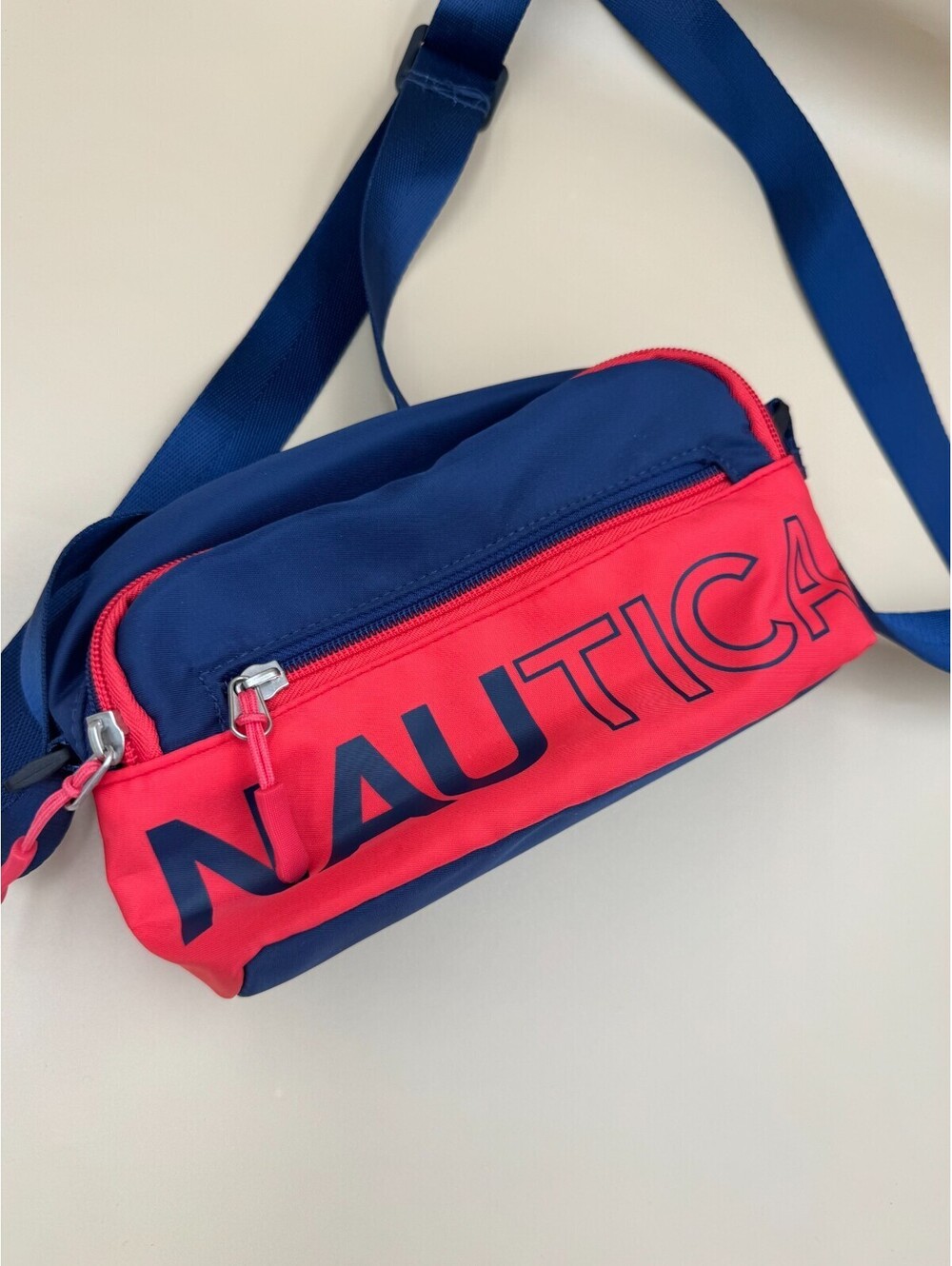Nautica Blue Red Waist Belt Bag Fanny Pack Cross Body Adjustable Straps Gray Exc
